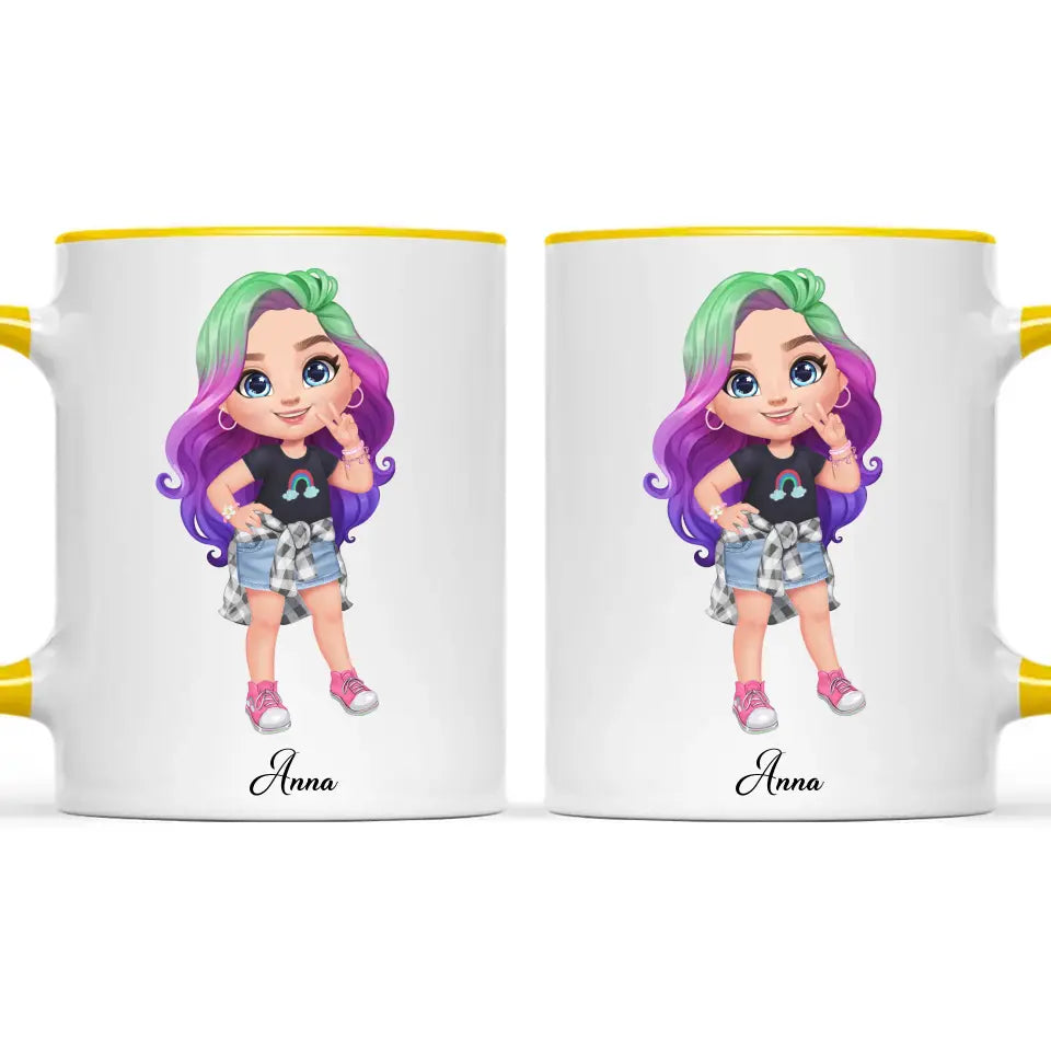 Personalised with Name, Create Your Own Girl Character Kids Mug – Customised Design with Hair, Outfit & Name – Available in 11oz, 6oz & Enamel Options