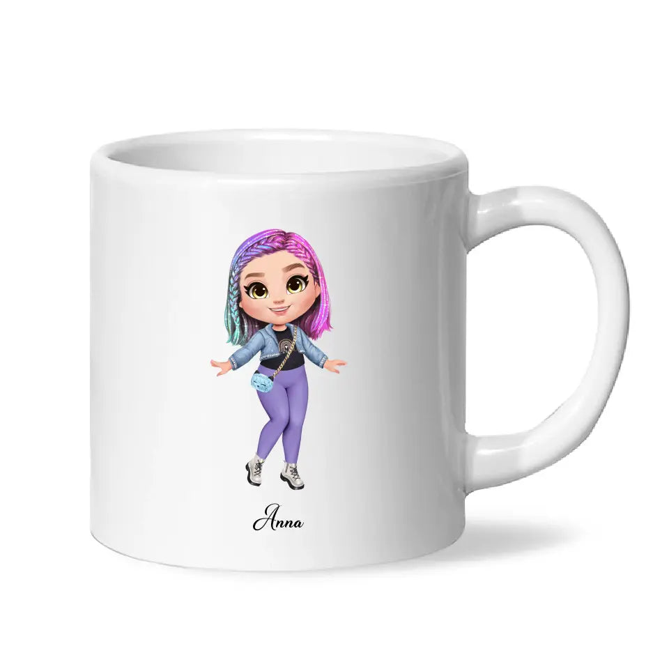 Personalised Girl Character Mug – Customisable Hair, Eyes, Outfit & Name
