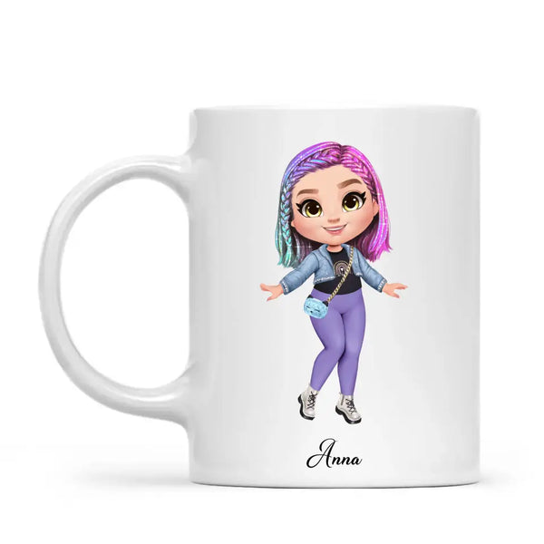 Personalised Girl Character Mug – Customisable Hair, Eyes, Outfit & Name