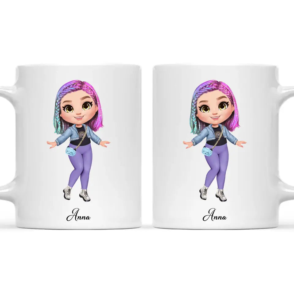 Personalised Girl Character Mug – Customisable Hair, Eyes, Outfit & Name