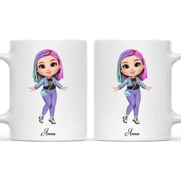 Personalised Girl Character Mug – Customisable Hair, Eyes, Outfit & Name