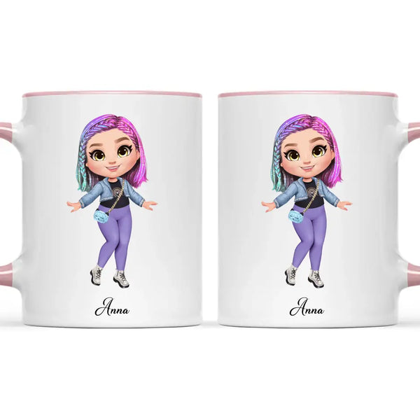 Personalised Girl Character Mug – Customisable Hair, Eyes, Outfit & Name