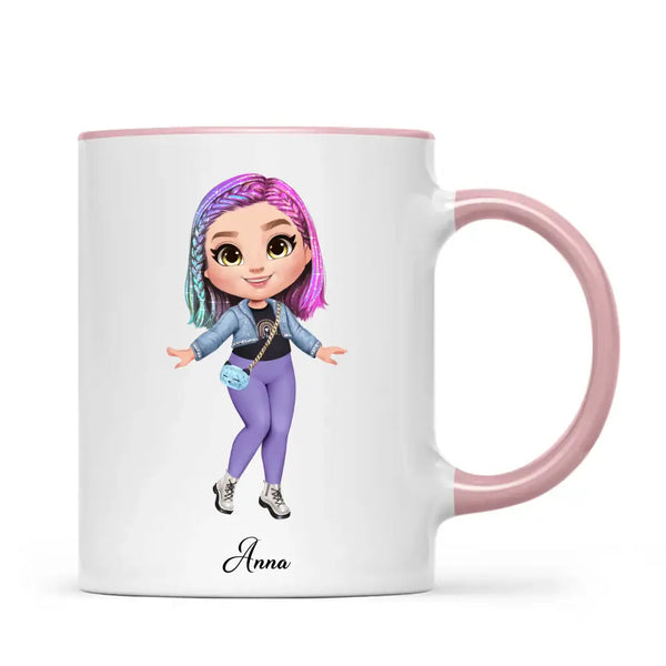 Personalised Girl Character Mug – Customisable Hair, Eyes, Outfit & Name