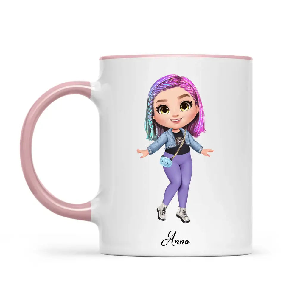 Personalised Girl Character Mug – Customisable Hair, Eyes, Outfit & Name