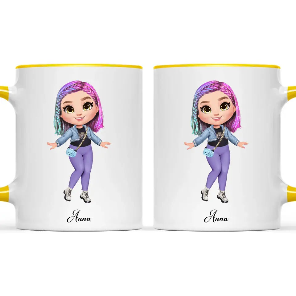 Personalised Girl Character Mug – Customisable Hair, Eyes, Outfit & Name