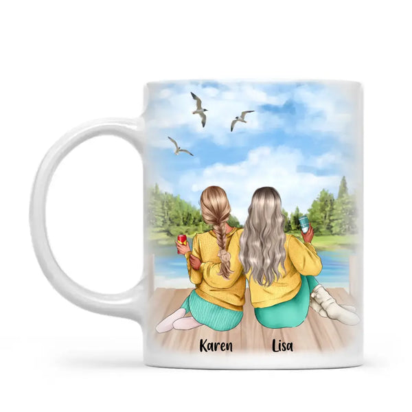 Personalised Best Friends Mug – Custom Two Girls by the Lake Design
