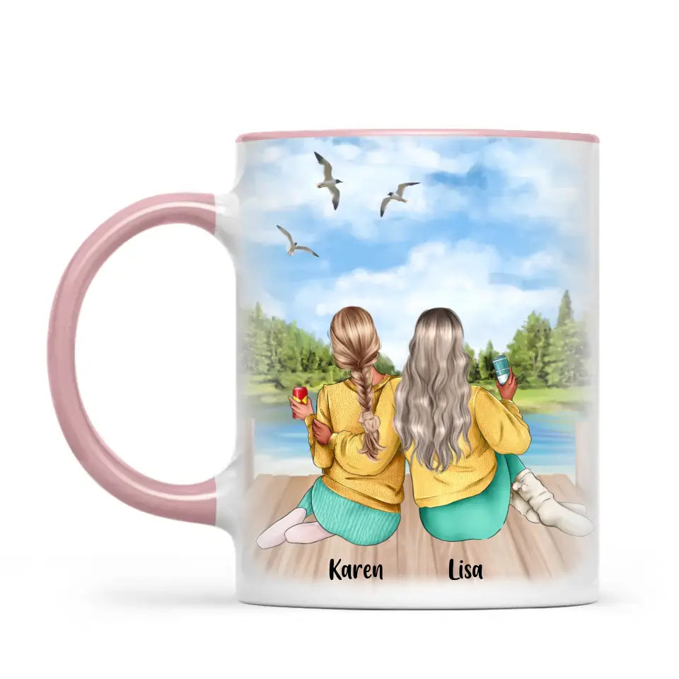 Personalised Best Friends Mug – Custom Two Girls by the Lake Design