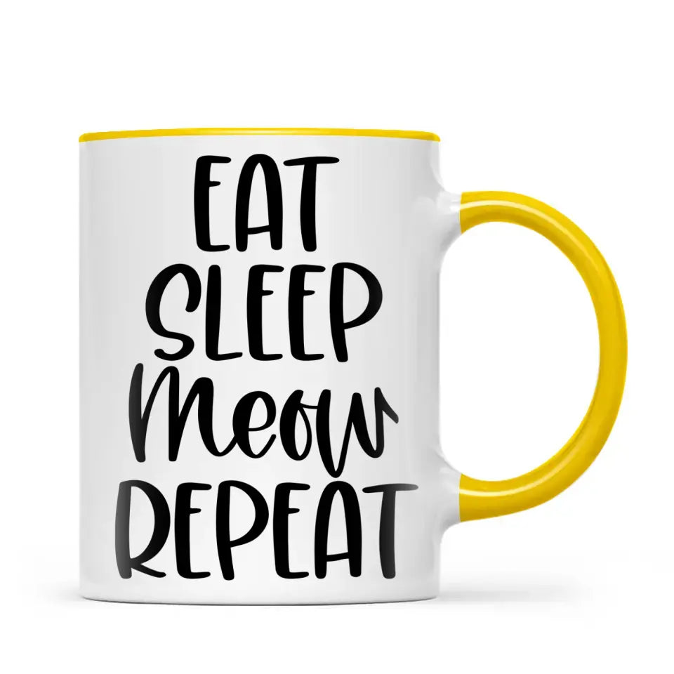 Cute Cat Mug with Funny Quote - Eat Sleep Meow Repeat - Adorable Kitten Illustration Coffee Cup for Cat Lovers, Gifts, and Daily Use