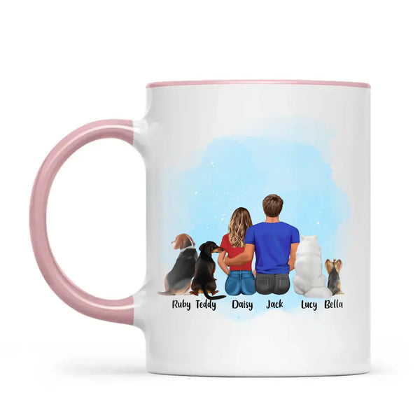 Personalised Couple & Pets Mug - Custom Name & Design - Man & Woman with Cats & Dogs - Fully Customisable - 11oz Ceramic Mug - NZ Made