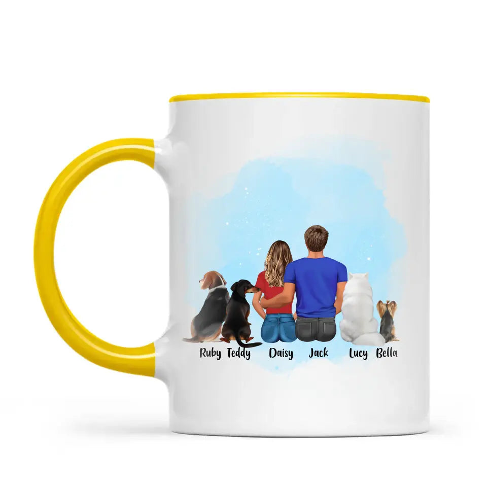 Personalised Couple & Pets Mug - Custom Name & Design - Man & Woman with Cats & Dogs - Fully Customisable - 11oz Ceramic Mug - NZ Made