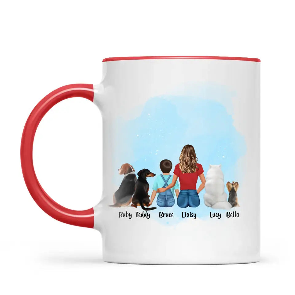 Personalised Mum & Kids Pet Mug - Custom Name & Design - Mother with Children & Pets - Fully Customisable - 11oz Ceramic Mug - NZ Made