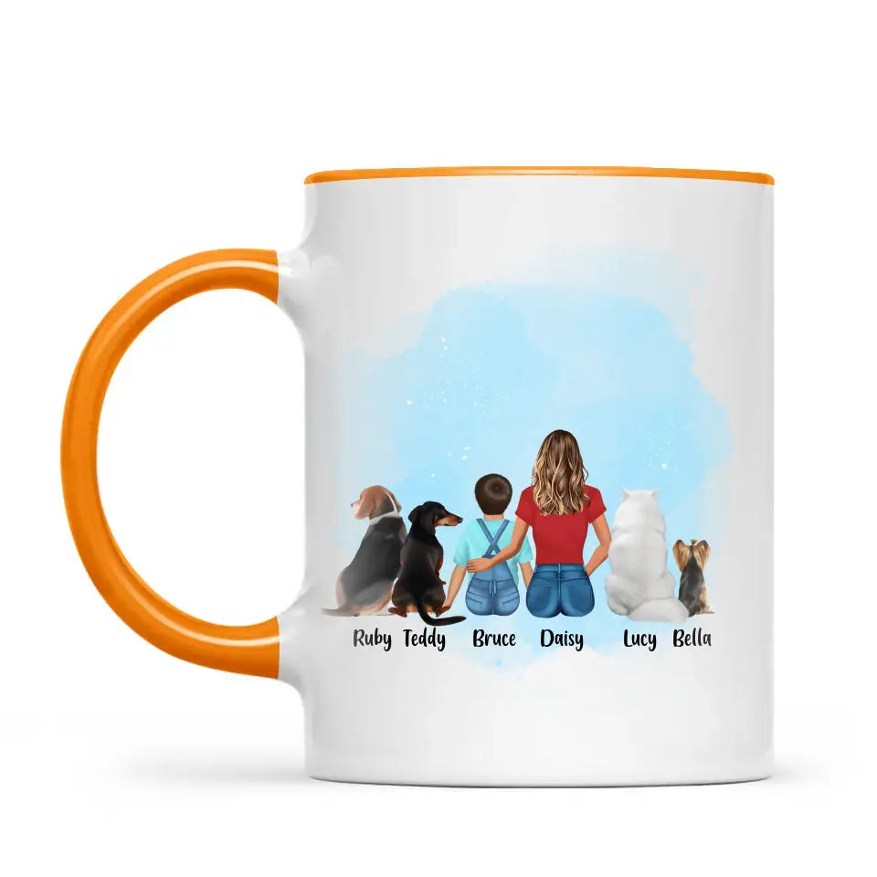 Personalised Mum & Kids Pet Mug - Custom Name & Design - Mother with Children & Pets - Fully Customisable - 11oz Ceramic Mug - NZ Made