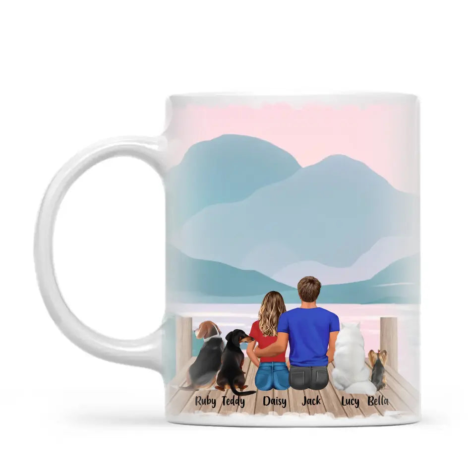 Personalised Couple & Pets Mug - Custom Name & Design - Man & Woman with Cats & Dogs - Fully Customisable - 11oz Ceramic Mug - NZ Made