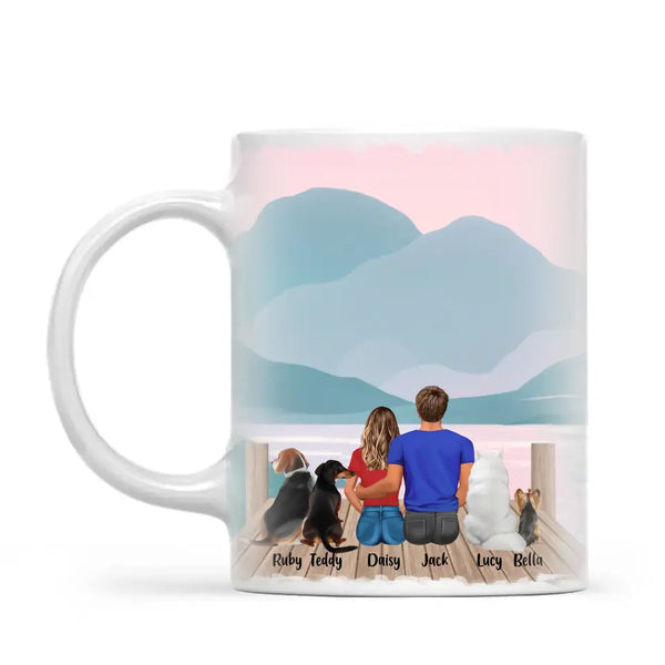 Personalised Couple & Pets Mug - Custom Name & Design - Man & Woman with Cats & Dogs - Fully Customisable - 11oz Ceramic Mug - NZ Made
