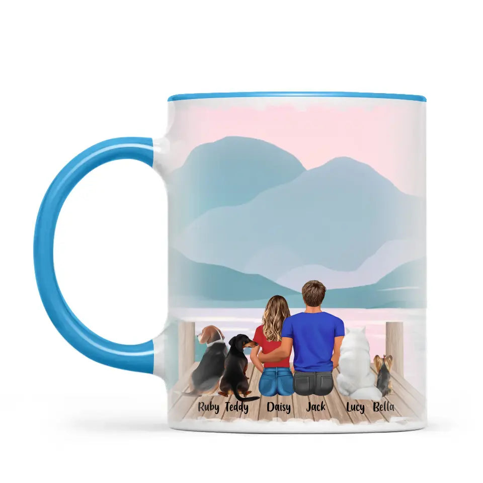 Personalised Couple & Pets Mug - Custom Name & Design - Man & Woman with Cats & Dogs - Fully Customisable - 11oz Ceramic Mug - NZ Made