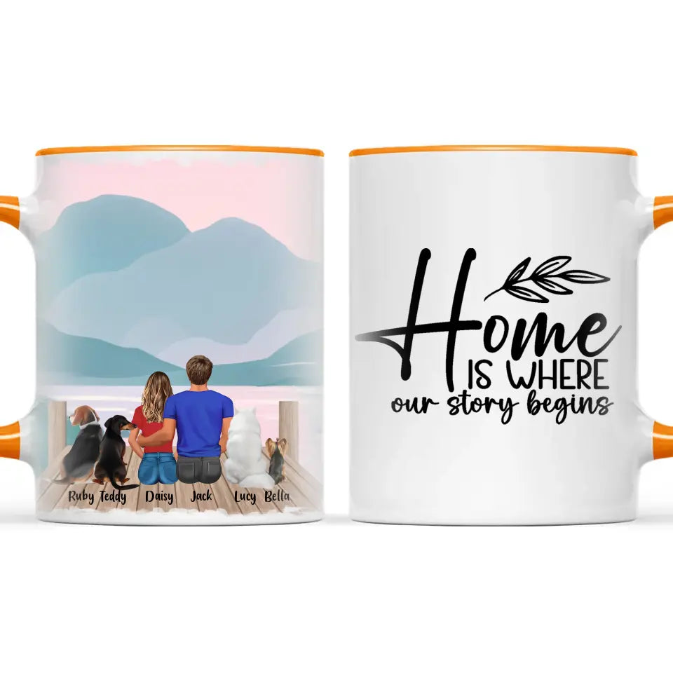 Personalised Couple & Pets Mug - Custom Name & Design - Man & Woman with Cats & Dogs - Fully Customisable - 11oz Ceramic Mug - NZ Made
