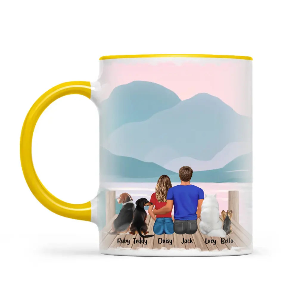 Personalised Couple & Pets Mug - Custom Name & Design - Man & Woman with Cats & Dogs - Fully Customisable - 11oz Ceramic Mug - NZ Made