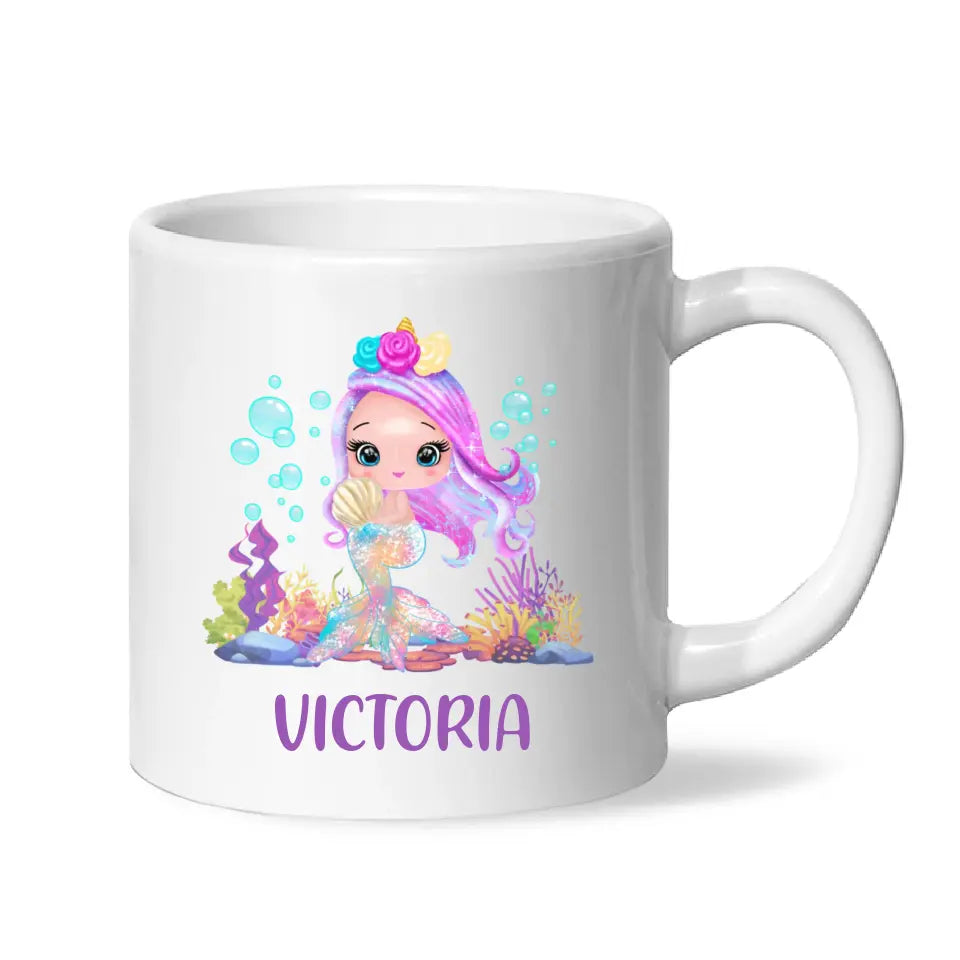 Personalised with Name, Mermaid Kids Mug – Customised Magical Under the Sea Cup for Children – Available in 11oz, 6oz & Enamel Options