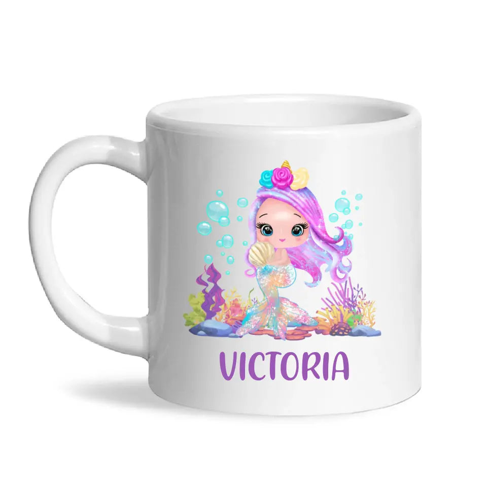 Personalised with Name, Mermaid Kids Mug – Customised Magical Under the Sea Cup for Children – Available in 11oz, 6oz & Enamel Options
