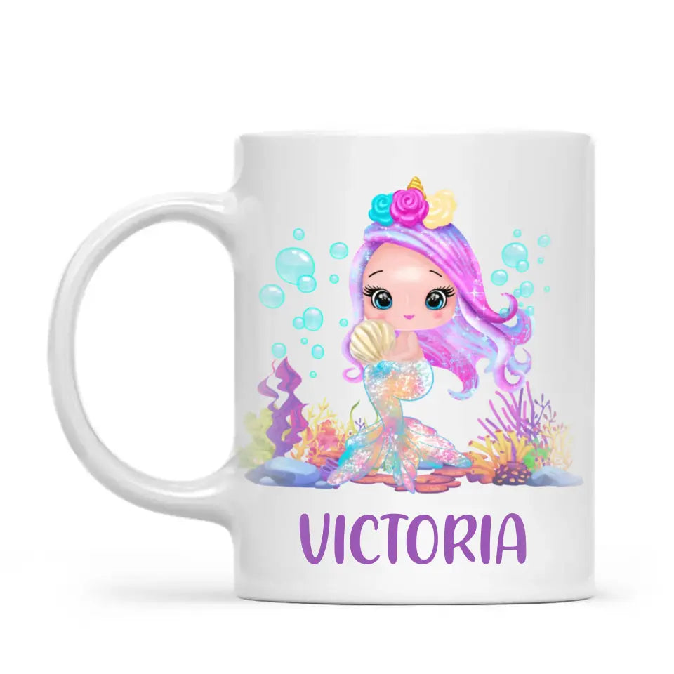 Personalised with Name, Mermaid Kids Mug – Customised Magical Under the Sea Cup for Children – Available in 11oz, 6oz & Enamel Options