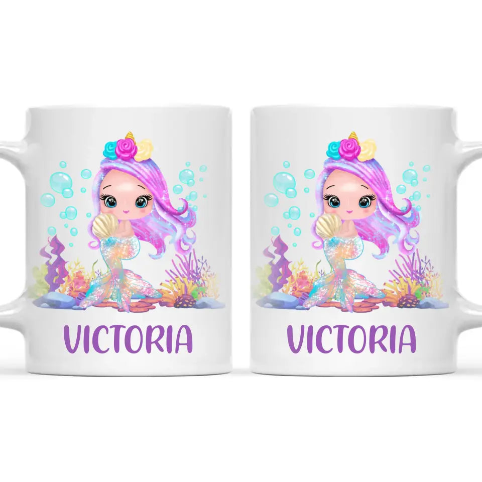 Personalised with Name, Mermaid Kids Mug – Customised Magical Under the Sea Cup for Children – Available in 11oz, 6oz & Enamel Options