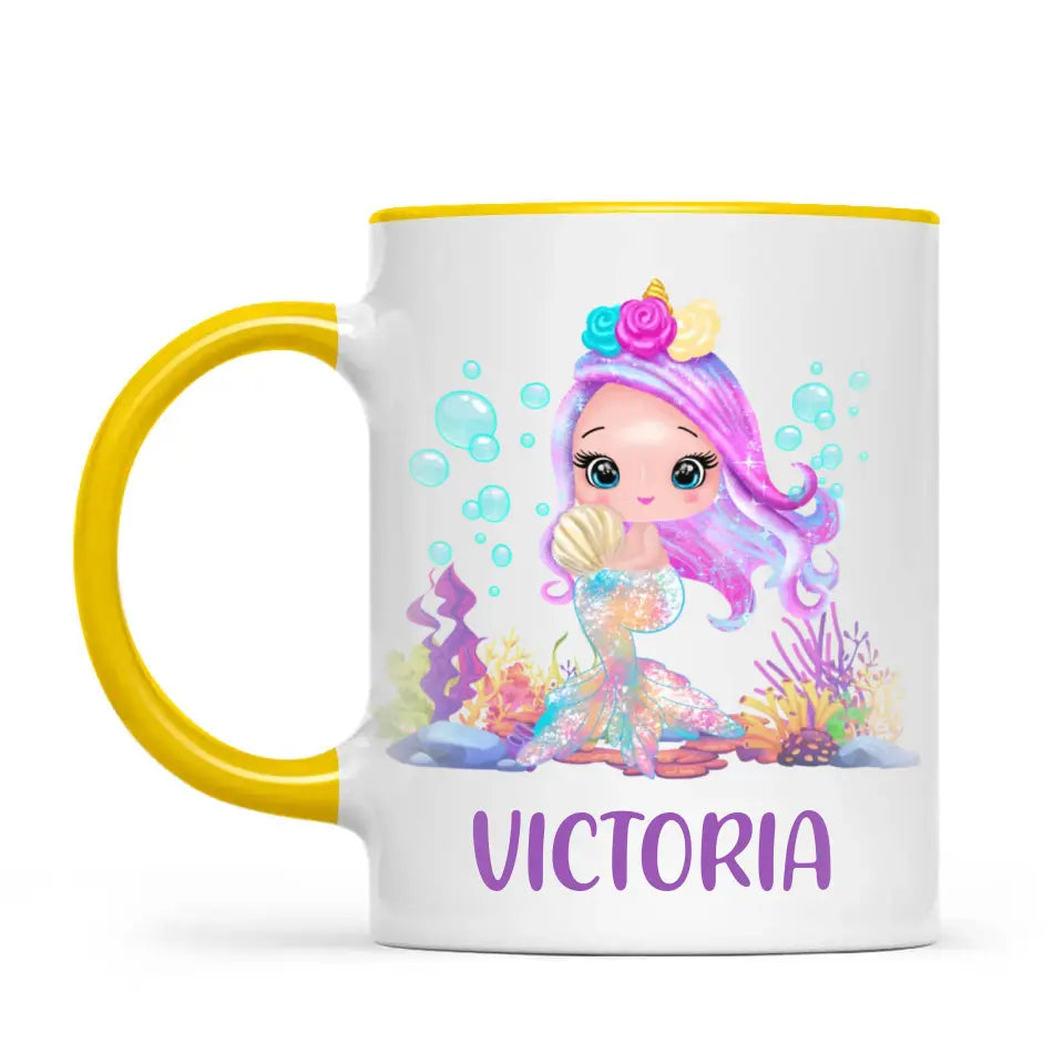 Personalised with Name, Mermaid Kids Mug – Customised Magical Under the Sea Cup for Children – Available in 11oz, 6oz & Enamel Options
