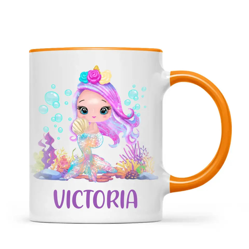 Personalised with Name, Mermaid Kids Mug – Customised Magical Under the Sea Cup for Children – Available in 11oz, 6oz & Enamel Options