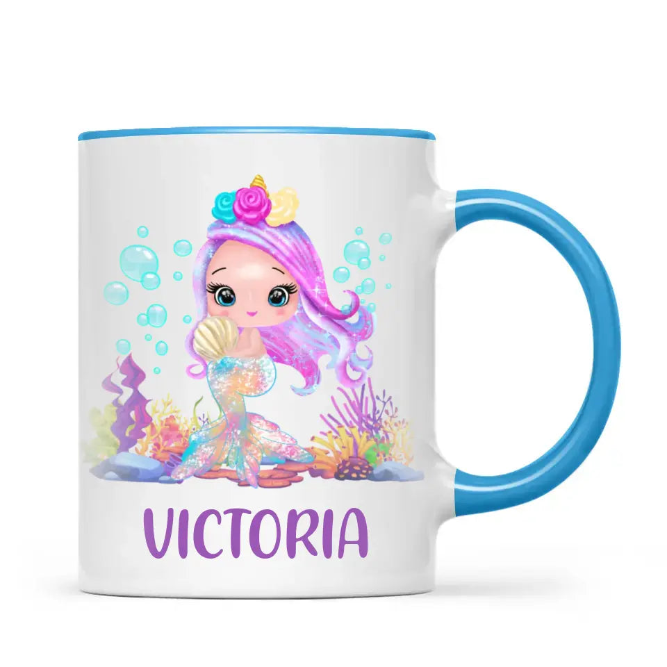 Personalised with Name, Mermaid Kids Mug – Customised Magical Under the Sea Cup for Children – Available in 11oz, 6oz & Enamel Options