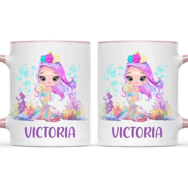 Personalised with Name, Mermaid Kids Mug – Customised Magical Under the Sea Cup for Children – Available in 11oz, 6oz & Enamel Options
