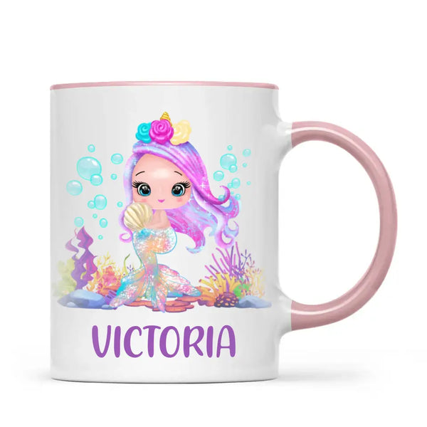 Personalised with Name, Mermaid Kids Mug – Customised Magical Under the Sea Cup for Children – Available in 11oz, 6oz & Enamel Options