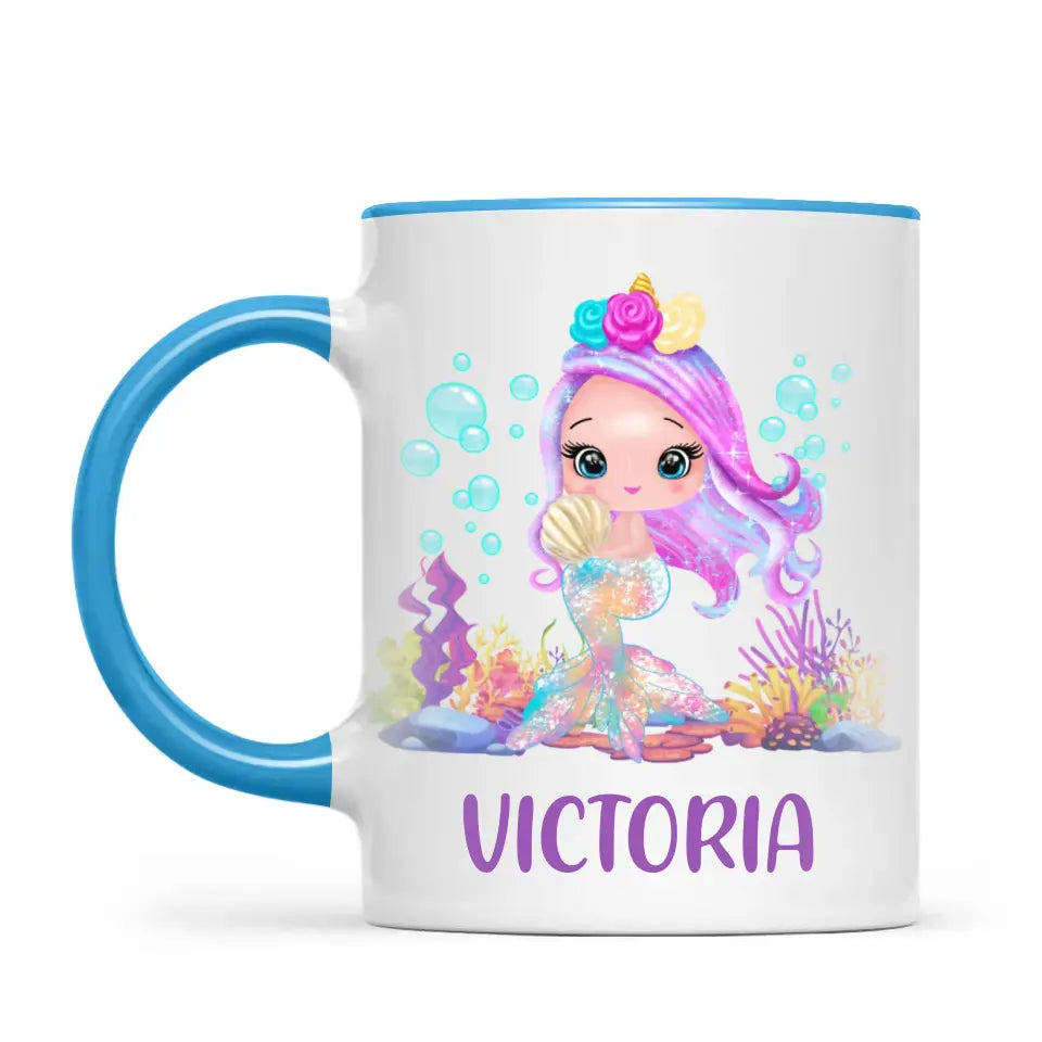 Personalised with Name, Mermaid Kids Mug – Customised Magical Under the Sea Cup for Children – Available in 11oz, 6oz & Enamel Options