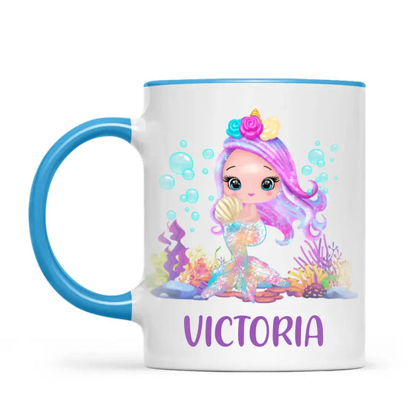 Personalised with Name, Mermaid Kids Mug – Customised Magical Under the Sea Cup for Children – Available in 11oz, 6oz & Enamel Options