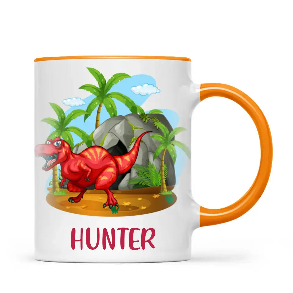 Personalised T-Rex Dinosaur Mug - Custom Name Kids Cup - Prehistoric Jungle Theme - Ceramic or Enamel - 11oz, 6oz, or Camping Mug - NZ Made