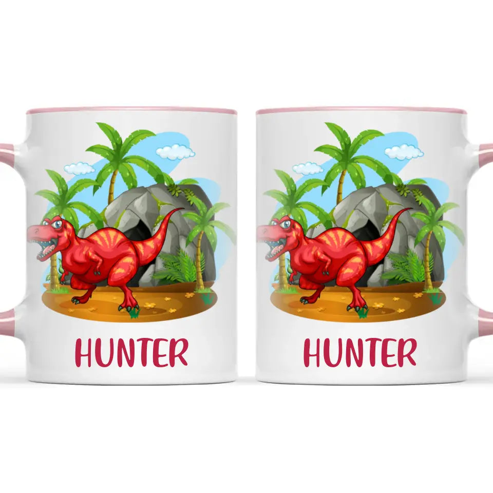 Personalised T-Rex Dinosaur Mug - Custom Name Kids Cup - Prehistoric Jungle Theme - Ceramic or Enamel - 11oz, 6oz, or Camping Mug - NZ Made