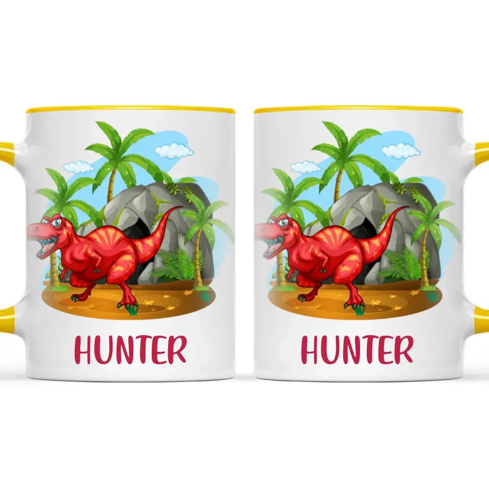 Personalised T-Rex Dinosaur Mug - Custom Name Kids Cup - Prehistoric Jungle Theme - Ceramic or Enamel - 11oz, 6oz, or Camping Mug - NZ Made