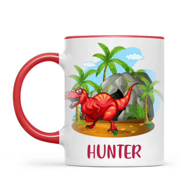 Personalised T-Rex Dinosaur Mug - Custom Name Kids Cup - Prehistoric Jungle Theme - Ceramic or Enamel - 11oz, 6oz, or Camping Mug - NZ Made