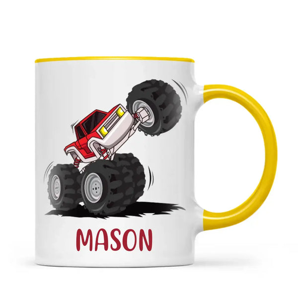 Personalised with Name, Red Monster Truck Kids Mug – Customised Off-Road Big Wheels Cup for Children – Available in 11oz, 6oz & Enamel Options