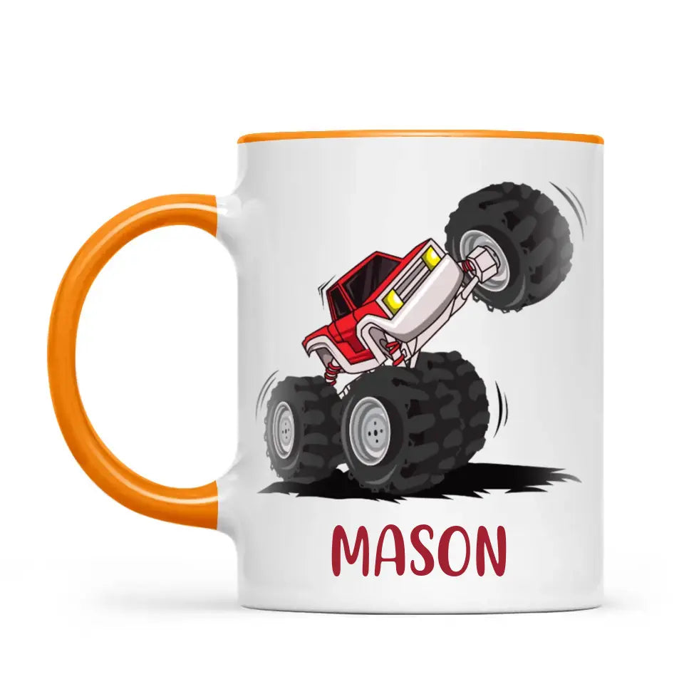 Personalised with Name, Red Monster Truck Kids Mug – Customised Off-Road Big Wheels Cup for Children – Available in 11oz, 6oz & Enamel Options