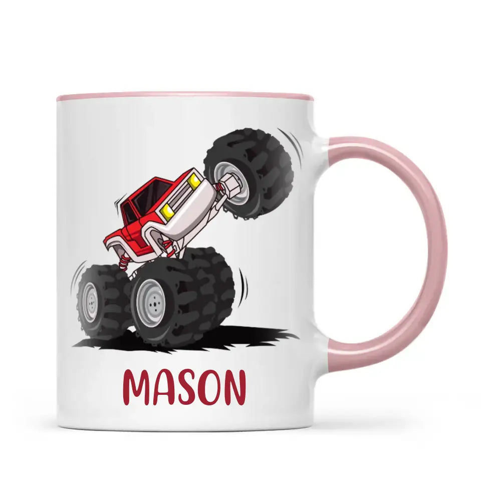 Personalised with Name, Red Monster Truck Kids Mug – Customised Off-Road Big Wheels Cup for Children – Available in 11oz, 6oz & Enamel Options