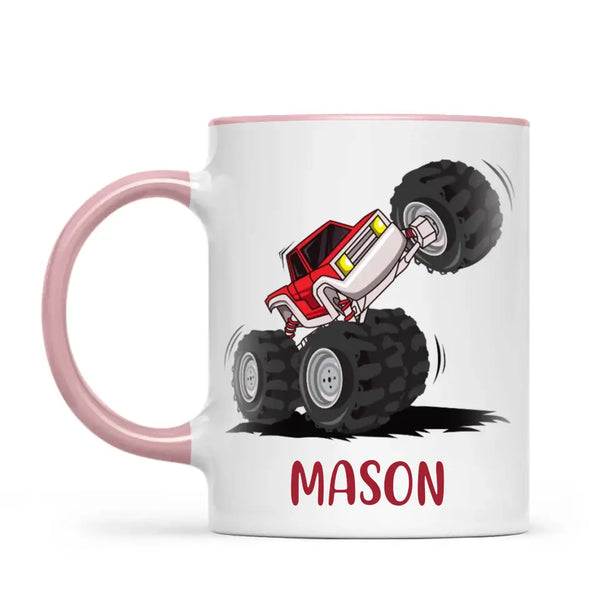 Personalised with Name, Red Monster Truck Kids Mug – Customised Off-Road Big Wheels Cup for Children – Available in 11oz, 6oz & Enamel Options