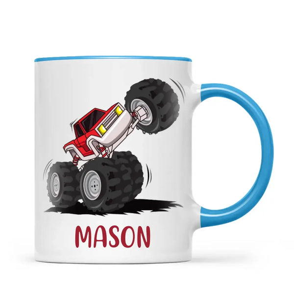 Personalised with Name, Red Monster Truck Kids Mug – Customised Off-Road Big Wheels Cup for Children – Available in 11oz, 6oz & Enamel Options