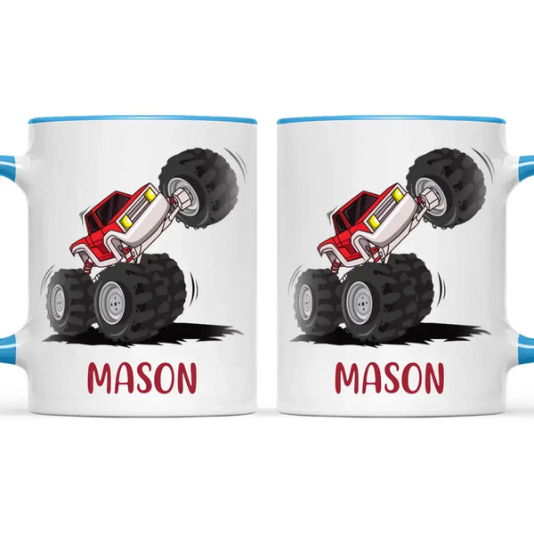 Personalised with Name, Red Monster Truck Kids Mug – Customised Off-Road Big Wheels Cup for Children – Available in 11oz, 6oz & Enamel Options