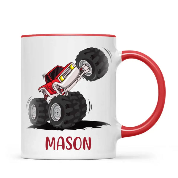 Personalised with Name, Red Monster Truck Kids Mug – Customised Off-Road Big Wheels Cup for Children – Available in 11oz, 6oz & Enamel Options