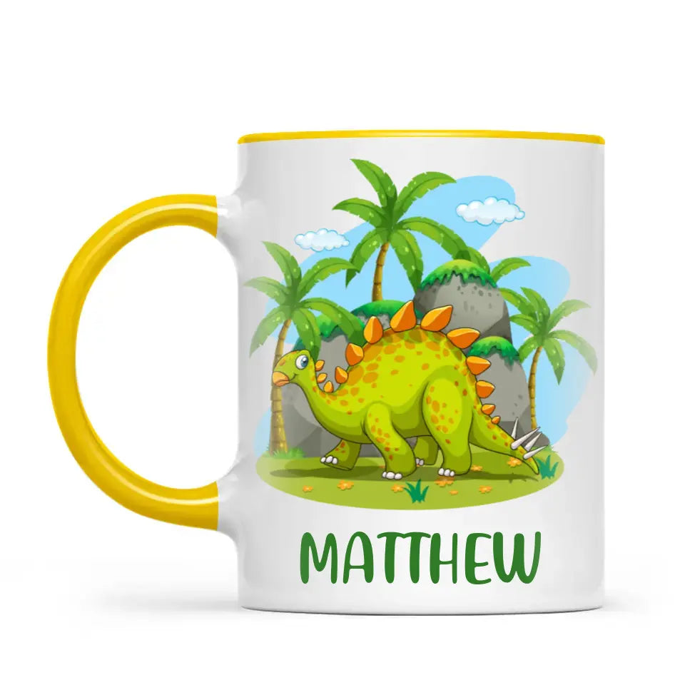 Personalised Stegosaurus Dinosaur Mug - Custom Name Kids Cup - Prehistoric Jungle Theme - Ceramic or Enamel - 11oz, 6oz, or Camping Mug - NZ Made