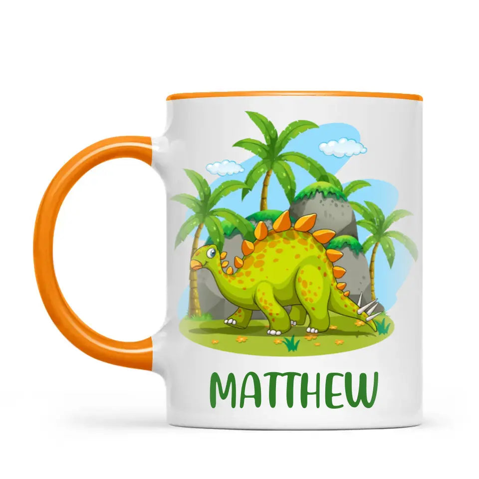 Personalised Stegosaurus Dinosaur Mug - Custom Name Kids Cup - Prehistoric Jungle Theme - Ceramic or Enamel - 11oz, 6oz, or Camping Mug - NZ Made