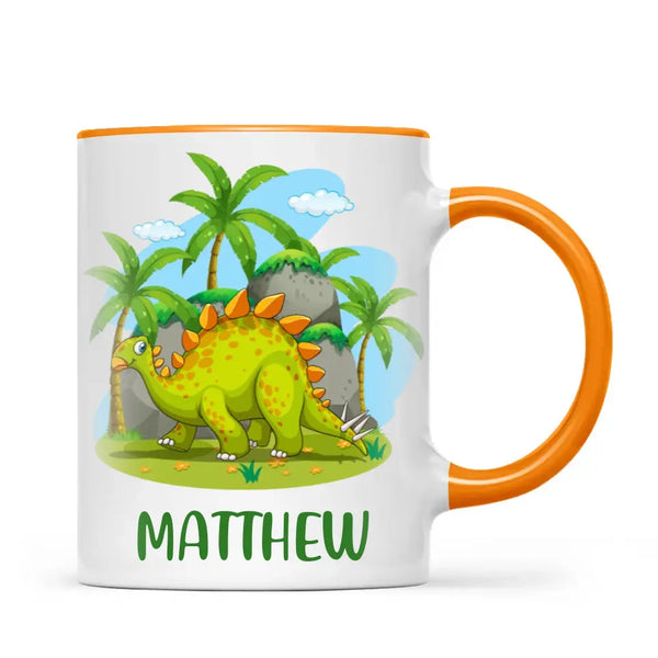 Personalised Stegosaurus Dinosaur Mug - Custom Name Kids Cup - Prehistoric Jungle Theme - Ceramic or Enamel - 11oz, 6oz, or Camping Mug - NZ Made