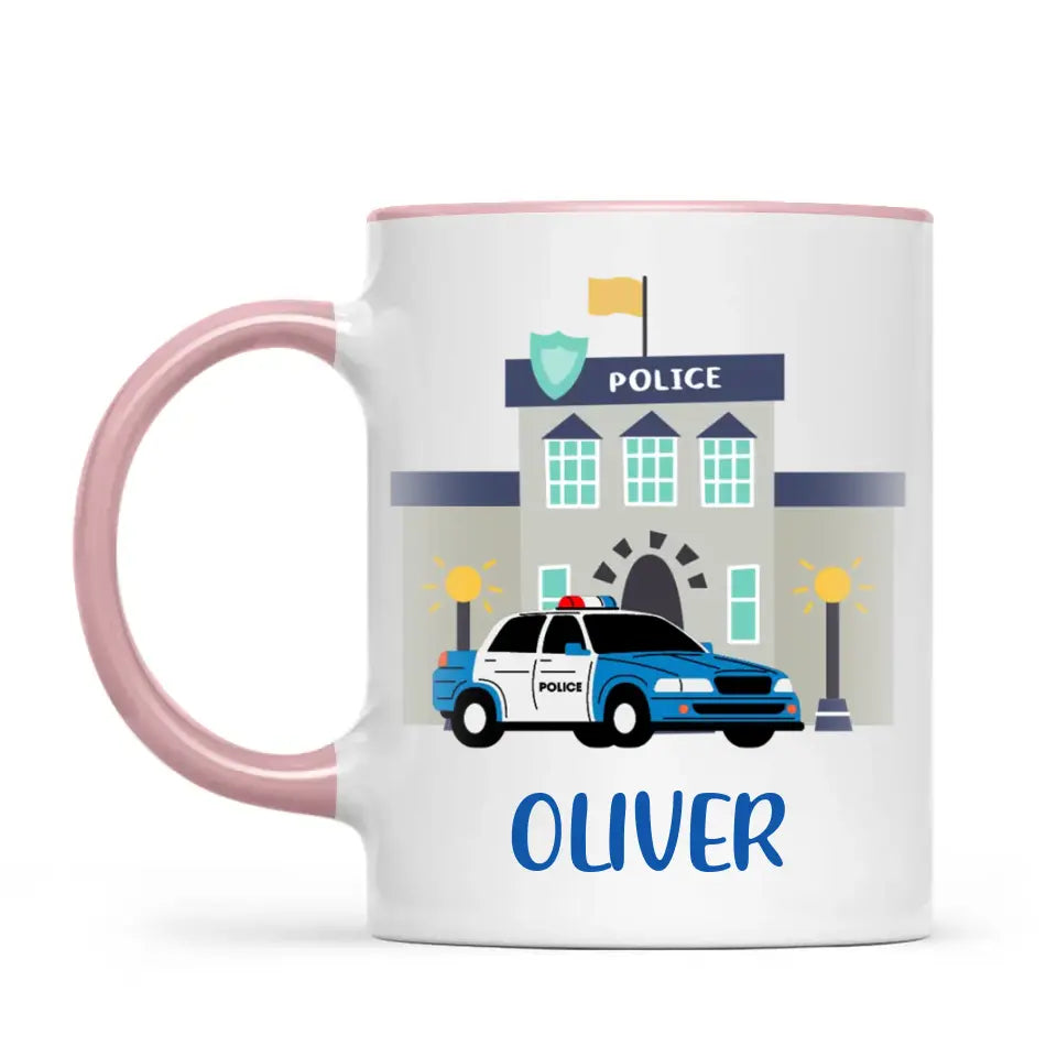 Personalised Police Car Mug - Custom Name Kids Cup - Law Enforcement Theme - Ceramic or Enamel - 11oz, 6oz, or Camping Mug - NZ Made