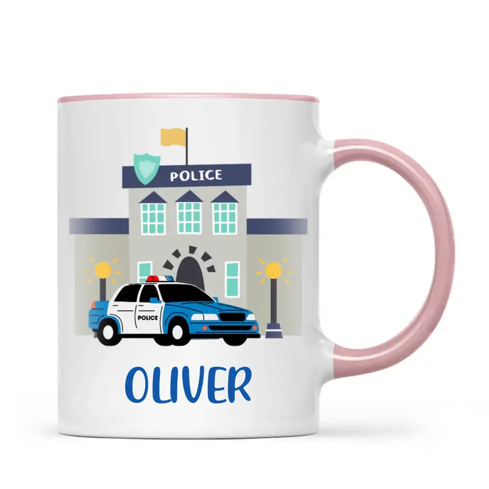 Personalised Police Car Mug - Custom Name Kids Cup - Law Enforcement Theme - Ceramic or Enamel - 11oz, 6oz, or Camping Mug - NZ Made