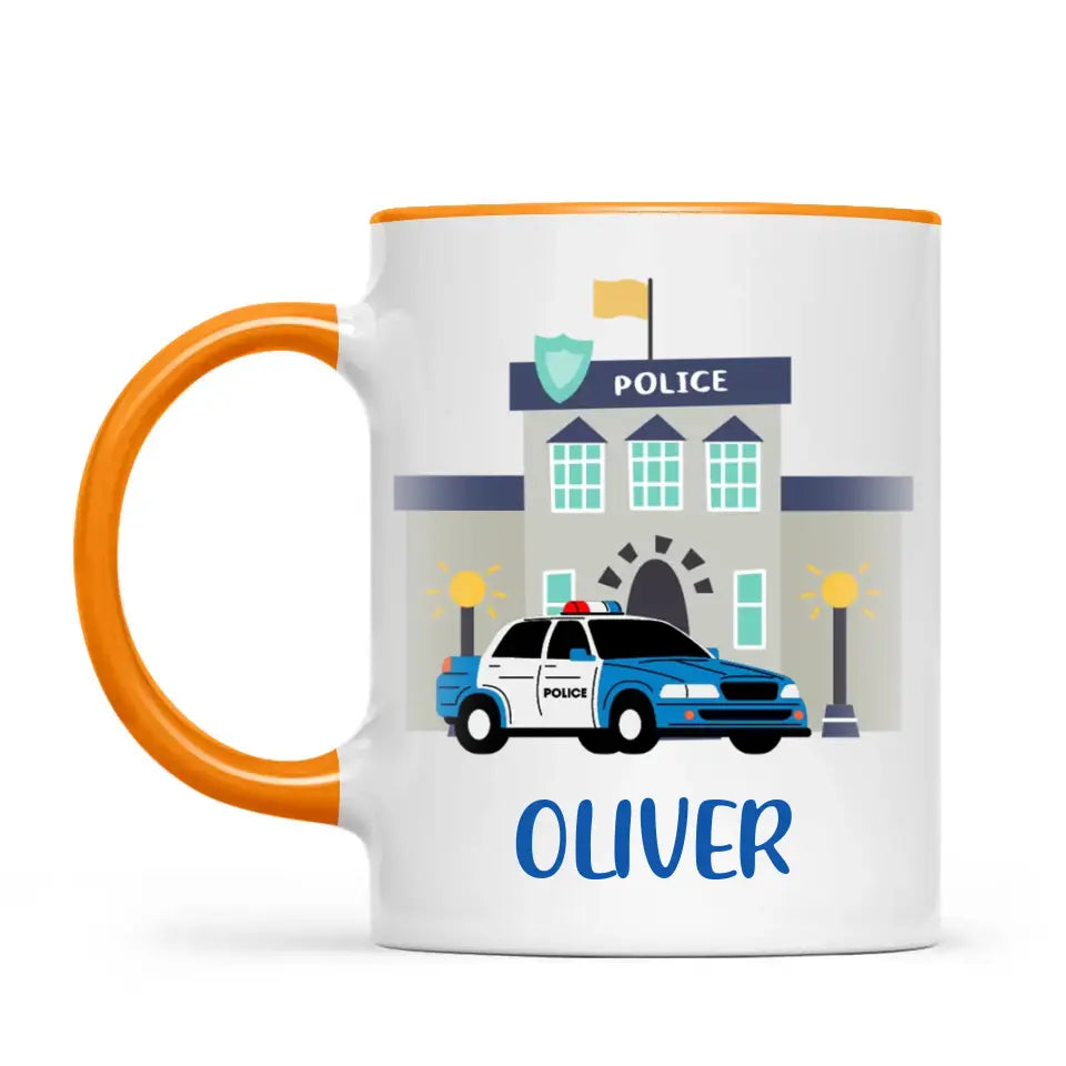 Personalised Police Car Mug - Custom Name Kids Cup - Law Enforcement Theme - Ceramic or Enamel - 11oz, 6oz, or Camping Mug - NZ Made