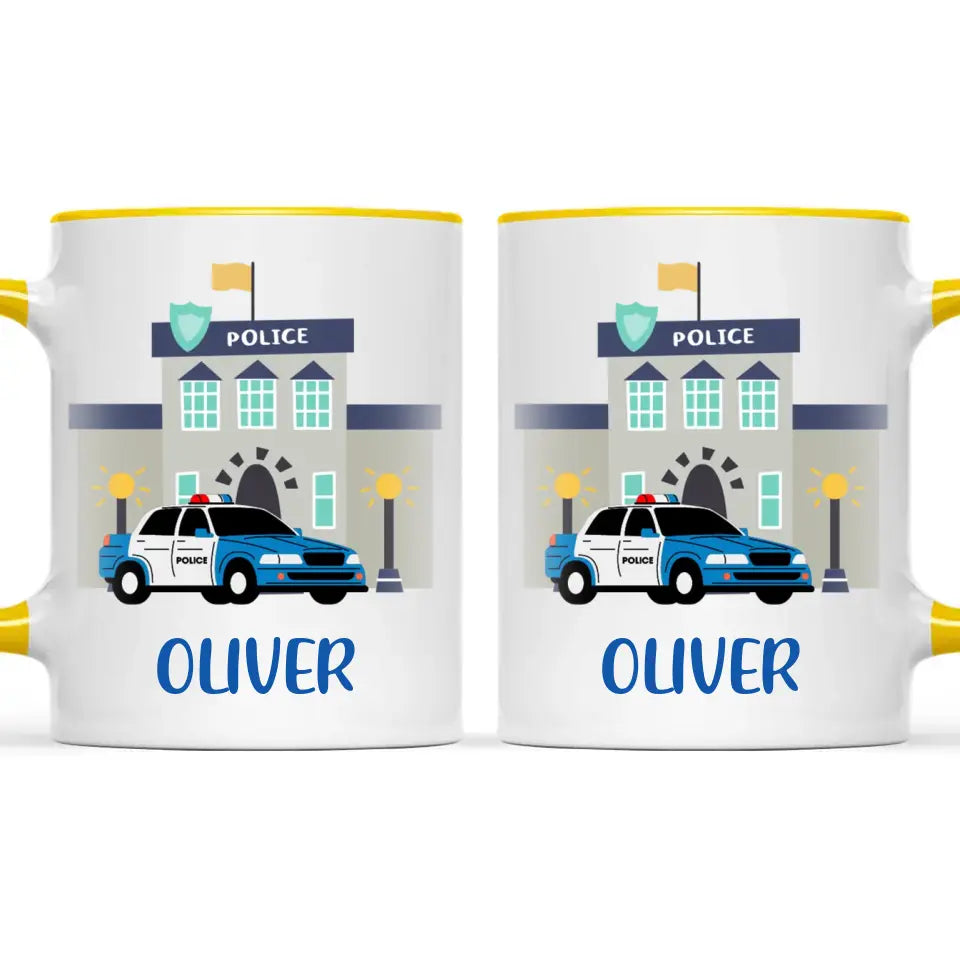 Personalised Police Car Mug - Custom Name Kids Cup - Law Enforcement Theme - Ceramic or Enamel - 11oz, 6oz, or Camping Mug - NZ Made